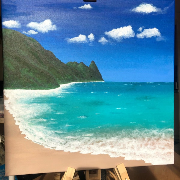 Strandbild mit Meer und Bergen auf Leinwand mit Acrylfarben