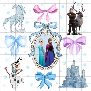 May include: A digital collage featuring characters from the animated film Frozen. The collage includes Elsa and Anna, Olaf the snowman, Kristoff and Sven the reindeer, and a blue horse. The collage also features several blue and pink bows and a blue and white castle.