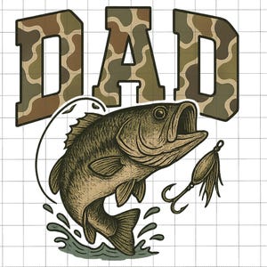 May include: A graphic design with the word "DAD" in a camouflage pattern. Below, a detailed illustration of a largemouth bass leaping from water, with a fishing lure and hook.