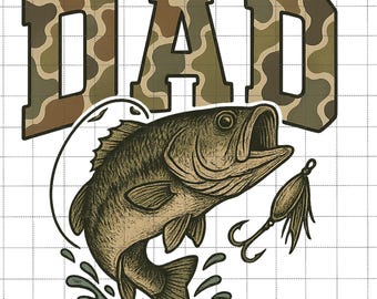 Könnte beinhalten: Grafikdesign mit dem Wort „DAD“ in einem Tarnmuster. Darunter eine detaillierte Illustration eines Großmaulbasses, der aus dem Wasser springt, mit einem Angelköder und Haken.