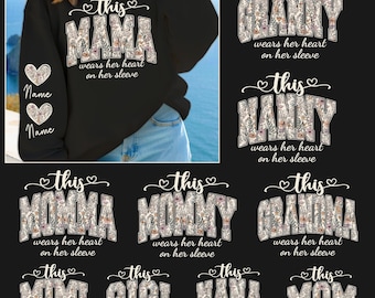 Esta mamá/abuela/nana lleva su corazón en la manga (Png), Día de la Madre (Png), Día de San Valentín para mamá, Sudadera personalizada para mamá con nombres de niños y corazón