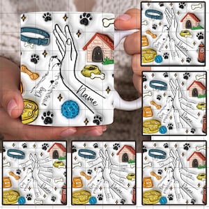 Puede incluir: Taza de cerámica blanca con un diseño colorido que presenta una huella de pata de perro, un hueso de perro, una casa para perros y las palabras "Dog" y "Name".
