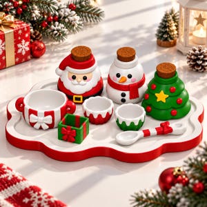 Puede incluir: Un juego de té de cerámica con temática navideña sobre una bandeja blanca festoneada, que incluye un tarro de Papá Noel, un tarro de muñeco de nieve, un tarro de árbol de Navidad, una taza a rayas rojas y blancas, dos cuencos pequeños, una caja de regalo verde y una cuchara a rayas.