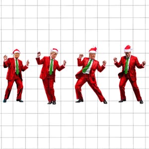 May include: Four figures in red suits, green ties, and Santa hats are depicted in various dancing poses. The figures are set against a white background with a grid pattern. The suits are a vibrant red, and the hats have white trim and a white pom-pom.