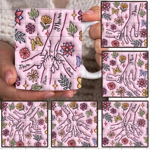 Bundle Custom Bis zu 6 Kinder, die Mamas Hand halten 3D Aufgeblasener Effektbecher Png, Pink Mama Floral 11 Unzen Becher, Omas Hand Png, Muttertag Floral