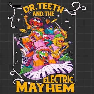 May include: A colorful graphic featuring the Muppets' band, Dr. Teeth and The Electric Mayhem. The image shows the band members playing various instruments, including drums, guitars, and a keyboard. The band members are depicted in vibrant colors against a black background.