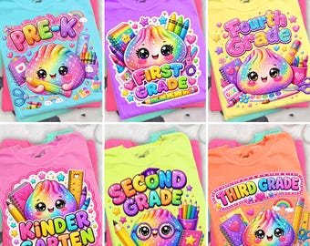 May include: A collection of six colorful t-shirts featuring cartoon illustrations of rainbow-colored dumplings with faces, surrounded by school supplies like pencils, rulers, and notebooks, with text indicating grade levels from Pre-K to Fourth Grade.