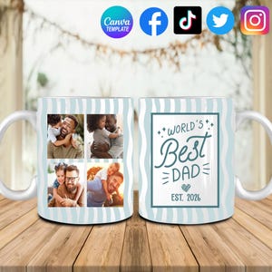 May include: White ceramic mug with a light blue wavy stripe design. One side features four family photos, the other side has the text "World's Best Dad" and "Est. 2026" in teal. The mug sits on a wooden surface.