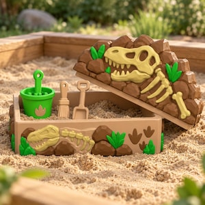 May include: A tan rectangular sandbox with a removable lid featuring a molded T-Rex skeleton, brown rocks, and green plants. Inside are a bright green bucket with a dinosaur footprint icon, a small tan brush, and a tan shovel tool.