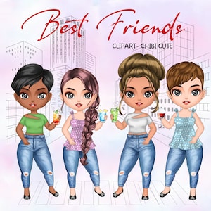 Customizable Best Friends Chibi Cute Clipart, Besties Clipart, Fashion Girls Clipart,Friendship Clipart, Soul Sisters Clipart, Girl Standing