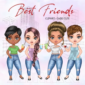 Melhores amigas personalizáveis Chibi Cute Clipart, Besties Clipart, Fashion Girls Clipart, Friendship Clipart, Soul Sisters Clipart, Girl Standing