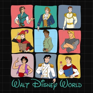 May include: A collage of nine cartoon prince characters from various Disney movies. Each prince is depicted in a separate square with a colorful background. The characters include Prince Eric, Prince Adam, Prince Charming, Prince Phillip, Prince John, Prince Naveen, and others. The text "WALT DISNEY WORLD" is at the bottom of the image.