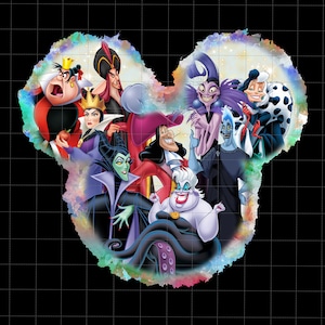 May include: A colorful illustration featuring a collection of Disney villains, including the Queen of Hearts, Jafar, and Ursula. The characters are arranged in a Mickey Mouse head shape, with a watercolor-style background.