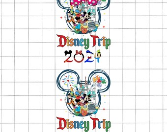 May include: A colorful graphic featuring Mickey Mouse ears, a castle, and various Disney characters. The text "Disney Trip 2021" is displayed in a playful font, with a Minnie Mouse bow and balloons. The design is vibrant and whimsical.