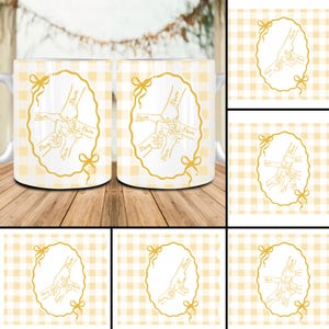 May include: White ceramic mug with a yellow and white gingham pattern. The mug features a gold oval design with hands holding each other and the word "Nurse" written on each hand. Gold bows are at the top and bottom of the oval.