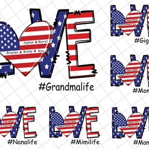 Paquete personalizado "Amor de mamá" con nombres de niños (en formato PNG), Mamá del 4 de julio (en formato PNG), Bandera estadounidense, Día de la Madre, Vida de abuela (en formato PNG), Día de la Independencia