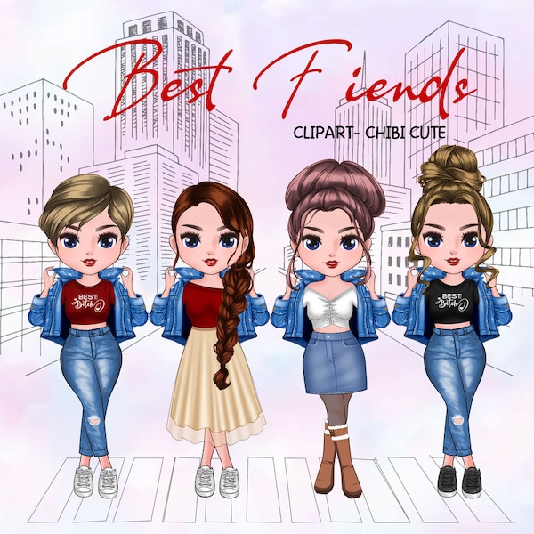 Customizable Best Friends Chibi Cute Clipart, Friendship Clipart, Soul Sisters Clipart, Girl Standing,Besties Clipart, Fashion Girls Clipart