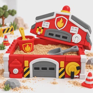 May include: A red fire station-themed sandbox container with a hinged lid, featuring a yellow flame emblem, a gray garage door, a red fire hydrant, and a yellow hose reel. Includes a small yellow bucket and a gray shovel filled with tan sand.