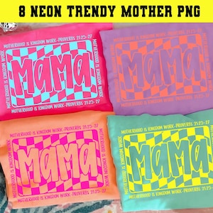 Puede incluir: Una colección de camisetas de color neón con la palabra "MAMA" en una fuente retro. Cada camiseta presenta una combinación de colores diferente, incluyendo rosa, morado, naranja y verde. El texto "MOTHERHOOD IS KINGDOM WORK-PROVERBS 31:25-27" también está impreso.
