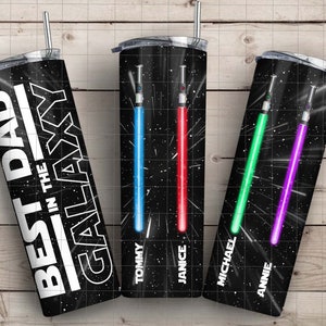 Gepersonaliseerde Beste Papa Galaxy 20oz Skinny Tumbler, Custom Kids Name Png voor papa, Vaderdag Tumbler Wrap Png, Light Sabre Tumbler PNG