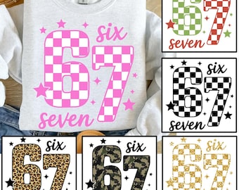 Sechs Sieben 67 PNG SVG-Bundle, lustiges Viral Meme 67 für Cricut Silhouette, Gen Alpha Trendy Printable Png für Shirts Tassen, 67 kariert svg