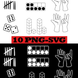 Puede incluir: Ilustraciones gráficas en blanco y negro de métodos de conteo, incluyendo marcas de conteo, dados y manos mostrando números. La imagen también incluye una pancarta roja con el texto "10 PNG-SVG".