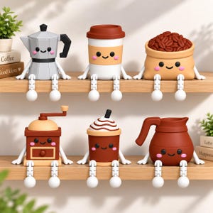 Könnte beinhalten: Ein Set aus sechs auf Regalen sitzenden Figuren in Form von Kaffee-Utensilien, darunter ein Espressokocher, ein Kaffeebecher, ein Sack Kaffeebohnen, eine Handmühle, ein Frappé und eine Kanne, jeweils mit lächelndem Gesicht und baumelnden Beinen.