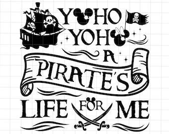May include: Black and white graphic design with a pirate ship, Mickey Mouse ears, and the text "Yo ho yo ho a pirate's life for me".
