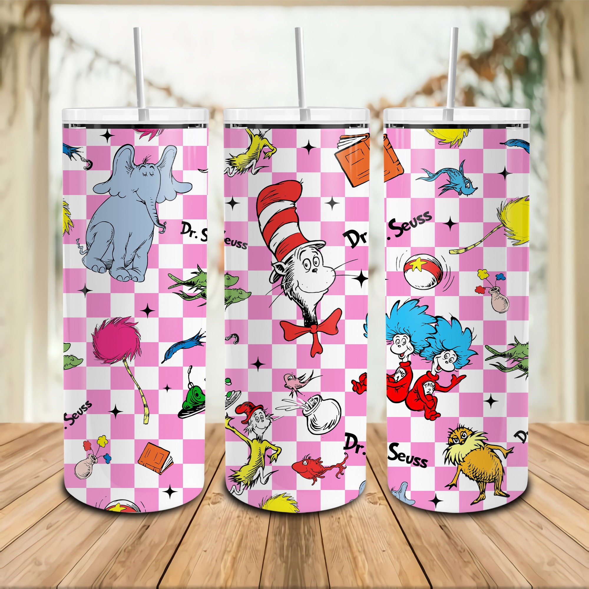 Discover Pink Checked Cartoon Character 20oz Tumbler, Read Across America