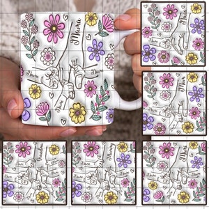 Sie halten unsere Hände auch unsere Herzen 3D aufgeblasene Effektbecher Png, Mama Floral 11 Unzen Becher, Muttertagsgeschenk 2024, Geschenk für Mutter Oma bis zu 6 Kinder