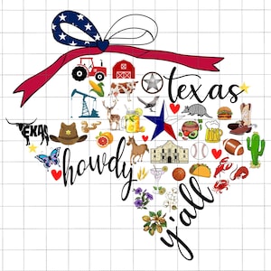 Puede incluir: Un diseño en forma de corazón lleno de imágenes que representan la cultura tejana. El diseño incluye un sombrero de vaquero, un buey de cuernos largos, un cactus, una flor de campanilla azul, una bota de vaquero, una estrella de seis puntas, un corazón rojo, un taco, una pelota de béisbol, una pelota de fútbol, un armadillo, un tractor, un barril, una jarra de cerveza, un melocotón, una limonada, un edificio, una estrella, una mariposa y las palabras "Texas howdy y'all".