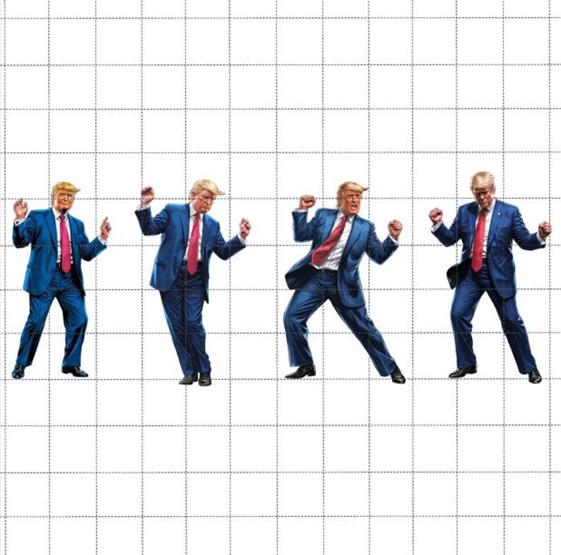 May include: Four images of a man in a blue suit and red tie, with a white shirt, posing in different dance moves. The man has blonde hair and a serious expression.