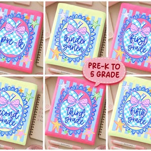 May include: A collection of six rectangular notebooks featuring a central apple graphic with a blue and white checkered pattern, a pink polka-dot bow, and text ranging from pre-k to fifth grade, surrounded by colorful stars on striped backgrounds.