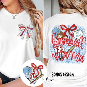May include: White baseball-themed t-shirt with a red and blue bow design. The front features a bow with the number 23 and the word "Mom". The back has the words "Baseball Mama" with baseball graphics and the text "3 UP 3 DOWN".