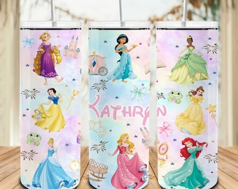 Coquette Princess Squad 20oz Skinny Tumbler Png, Personalized Watercolor Cartoon Princess Tumbler Wrap, Custom Girl Tumbler, Magical Kingdom