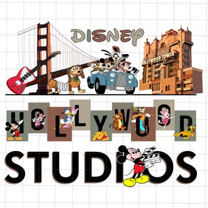 Może przedstawiać: Kolorowa ilustracja postaci Disneya przed hotelem Hollywood Tower. Postacie to Myszka Miki, Minnie Mouse, Donald Duck, Goofy, Pluto, Woody i Buzz Astral. Tekst "Disney Hollywood Studios" jest napisany czarnymi literami.