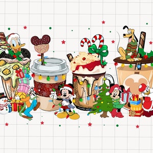 Peut inclure: Illustration festive avec des personnages Disney et des boissons sur le thème des fêtes. Donald Duck, Dingo, Mickey et Minnie Mouse, et Pluto sont représentés avec des décorations de Noël, des cadeaux et des friandises. L'image comprend des tasses à café et des desserts.