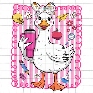 May include: A cartoon goose illustration with a pink tumbler, bow, and school-themed accessories. The goose has a white body, orange feet, and a pink tumbler. The bow has numbers and math symbols. The background is pink and white striped.