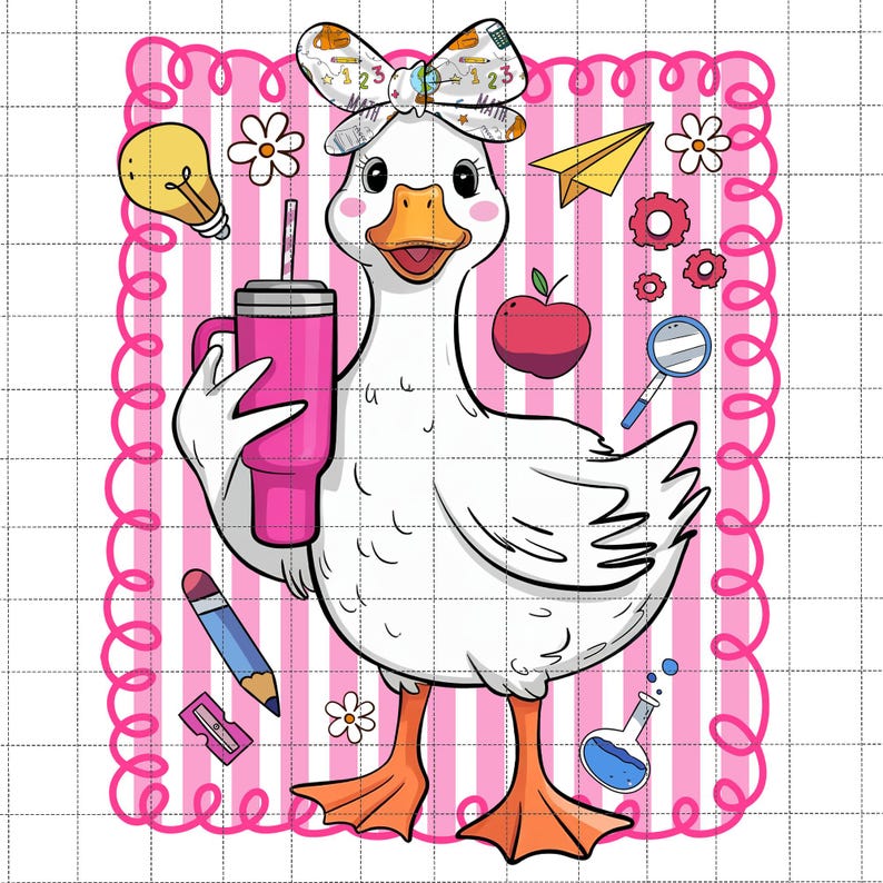 K&ouml;nnte beinhalten: Illustration einer Cartoon-Gans mit einem rosa Becher, einer Schleife und schulischen Accessoires. Die Gans hat einen wei&szlig;en K&ouml;rper, orangefarbene F&uuml;&szlig;e und einen rosa Becher. Die Schleife hat Zahlen und mathematische Symbole. Der Hintergrund ist rosa und wei&szlig; gestreift.