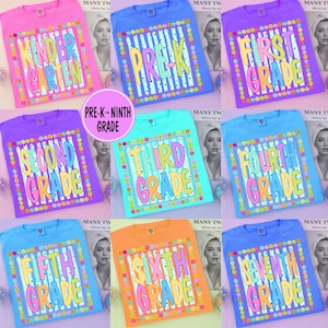 May include: A collection of nine colorful t-shirts featuring school grade levels from Pre-K to Seventh Grade. Each shirt displays a central graphic with vertical stripes, a border of small smiley faces, and bold text stating the specific grade level.