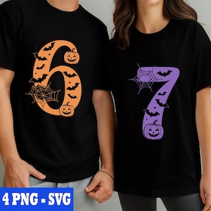 May include: Black t-shirts with Halloween-themed designs. One shirt features the number 6 in orange with bats, a spiderweb, and a pumpkin. The other shirt displays the number 7 in purple with similar Halloween elements.