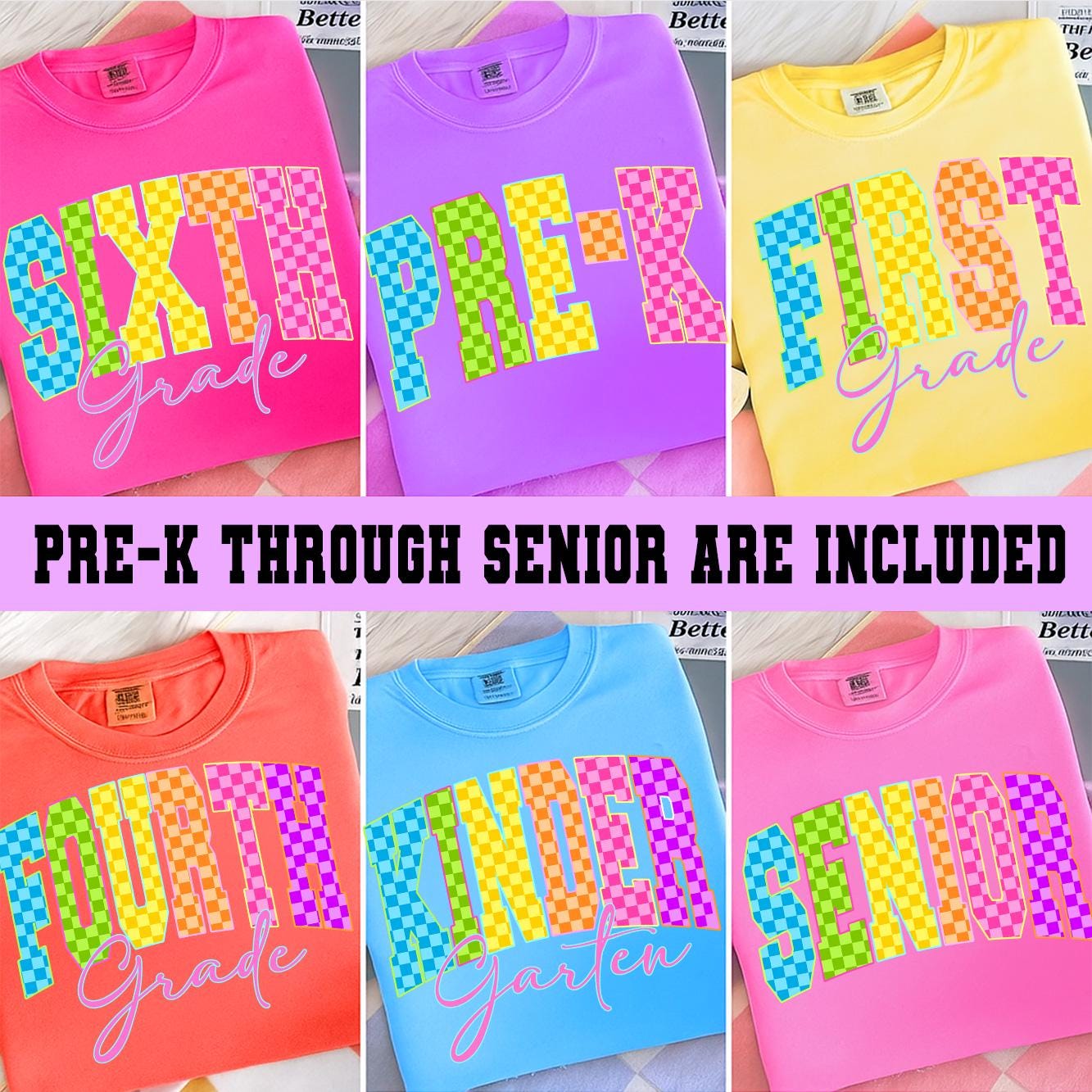 Neon Checkered Back to School Png Bundle, Kindergarten Png, Pre-K To 8th Grade Png, First Day School, Senior Junior Png, Sophomore, Freshman