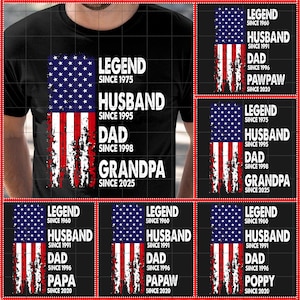 Pacchetto PNG personalizzato con leggenda marito papà nonno dal, effetto consumato, bandiera americana papà, maglietta personalizzata papà con anni, festa del papà