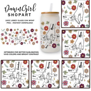 Bundel op maat holding Mom's Hand 16oz Libbey-blikje glas png, mama bloementuimelaar png, Moederdag bloemen 16oz blikje glasfolie, oma's hand
