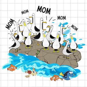 May include: A group of cartoon seagulls with the word "MOM" written above them. The seagulls are standing on rocks with blue water and waves below them. There are also two cartoon fish swimming in the water.