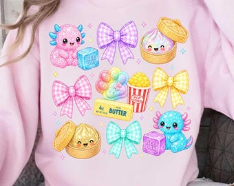 May include: A light pink sweatshirt featuring a colorful graphic print of two axolotls, four plaid bows in purple, pink, yellow, and teal, a dim sum basket, a popcorn bucket, and a stick of butter labeled 4oz BUTTER NET WT 113g.