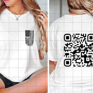 May include: White t-shirt with a black and white American flag design on the front and a black and white QR code on the back.