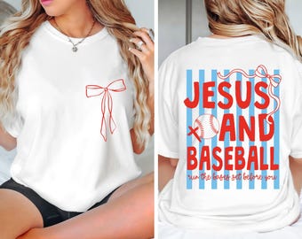 2 kanten Jezus en honkbal png, christelijke honkbalcoquette png, honkbal moeder shirtontwerp, wedstrijddag png, trendy preppy christelijke afbeelding