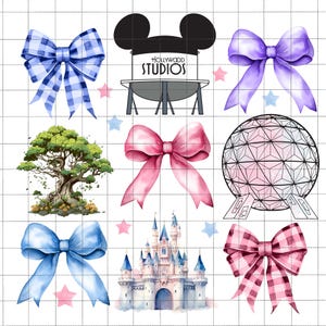 May include: A digital illustration of various Disney landmarks with pink, blue, and red gingham bows. The landmarks include Cinderella's Castle, Spaceship Earth, the Hollywood Studios water tower, and the Tree of Life.