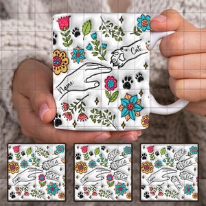 Design de caneca personalizada com efeito inflado 3D de pata e mão, caneca floral de dia das mães, caneca de mãe de gato, caneca de café de flor de mamãe de gato png, amante de gato png